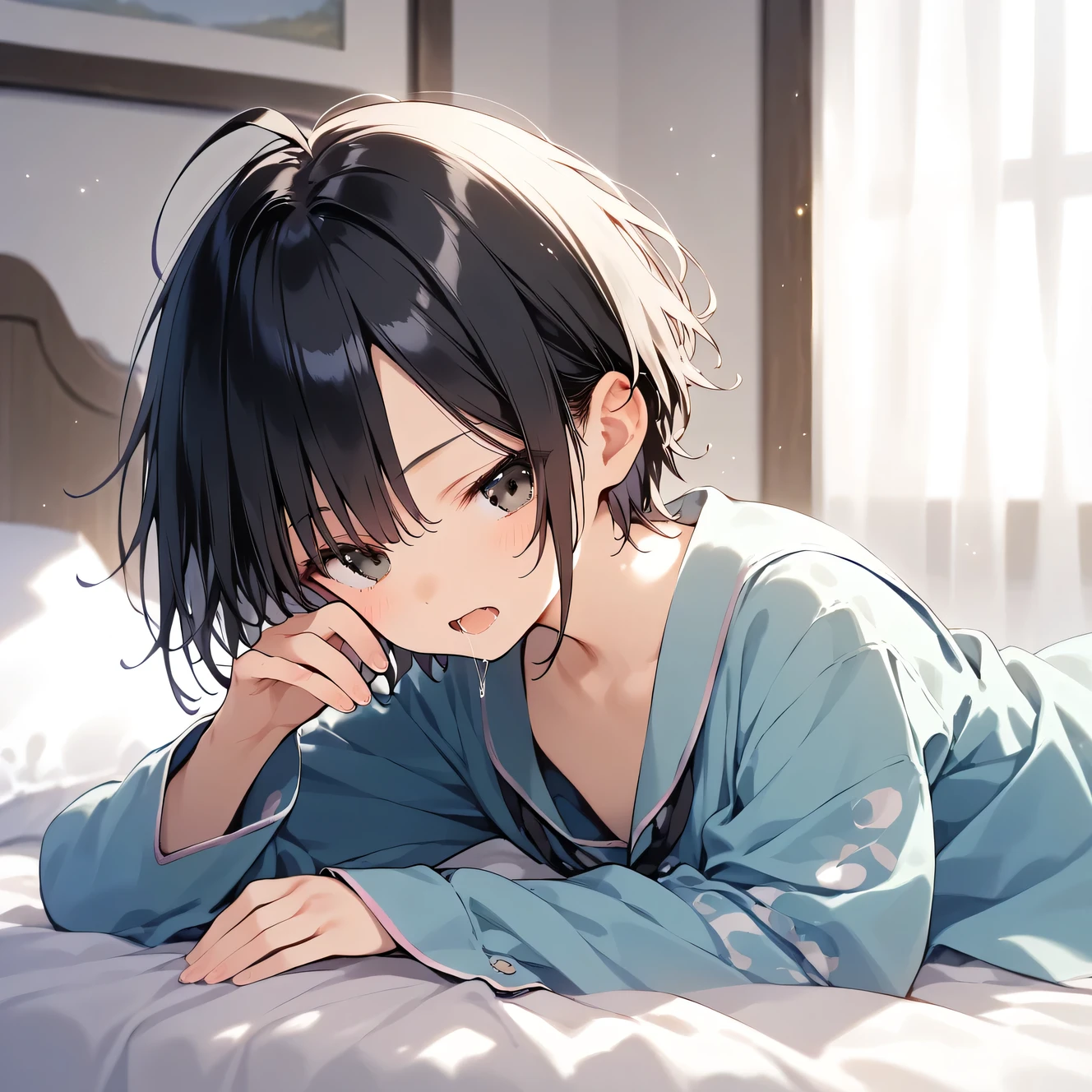 score_9, score_8_up, score_7_up, source_anime, best quality, masterpiece,ultra-detailed,official art, absurdres, highres, waifu2x, break,1girl, school girl, short hair, beautiful detailed eyes, sit, open mouth, (yawn:0.3), sleepily, bed, infirmary, break,(clear line illustration:1.2),very high resolution, very aesthetic, super detailed skin, Best sexual lighting powered by famous artist, 8k,ero picture,beauty illustration,photoshop_(medium),,(Detailed Lighting),
