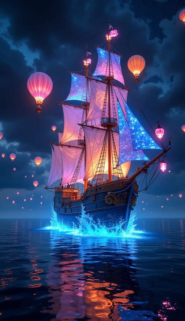 a fantasy scene of a lantern-themed world, a ghostly ship floating on the night sea as if merging with a hot air balloon, solo, its translucent hull enveloping the surroundings in a soft glow like a stained glass lantern, vibrant luminescence blending into the sea, creating an illogically beautiful holographic art projection, the glowing vessel transforming the dark, lonely expanse of the ocean into a world of vivid artistry, (best quality,8k,highres,masterpiece:1.2),ultra-detailed,(realistic,photorealistic,photo-realistic:1.37),cinematic lighting,dramatic atmosphere,glowing bioluminescent ocean,fantastic surreal landscape,intricate detailed hull,holographic light effects,warm color tones,dramatic cinematic lighting