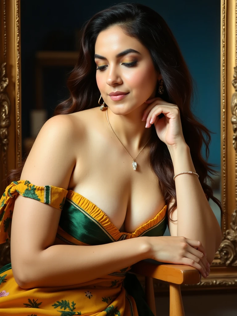 a beautiful woman with long flowing hair, off-the-shoulder dress, busty figure, cleavage, ethereal, serene expression, detailed facial features, delicate skin, natural lighting, photorealistic, intricate details, cinematic composition, warm color palette, glowing skin, high quality, 8k, hyper detailed