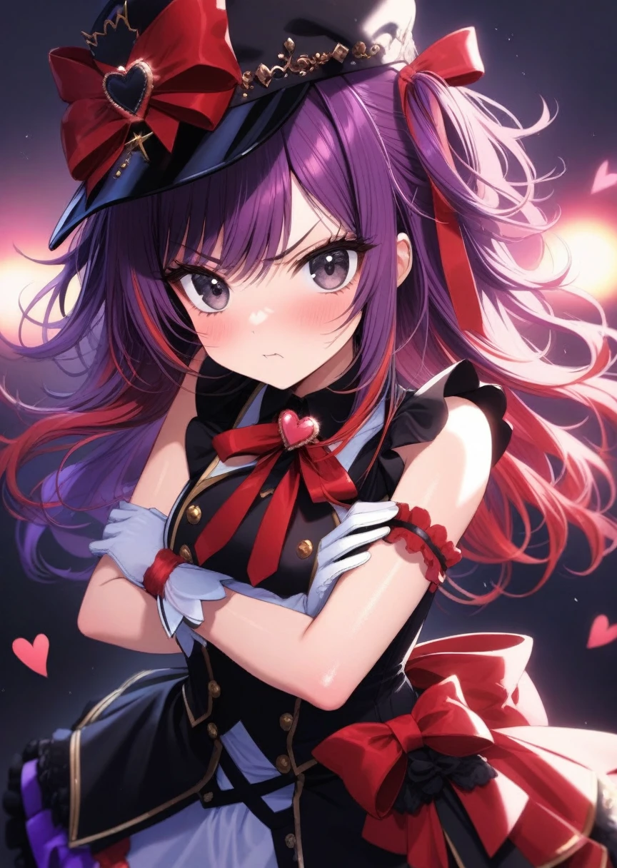 top quality, fine detail, 1girl, black eyes, eyelashes, solo, red hair, heart eyes, purple hair, two tone hair, messy hair, cute hat, idol costume, red ribbon, beautiful face, beautiful eyes, boring expression, angry, very detailed hair, crosses arm, white gloves, intricate detail, newerst, (very aesthetic:1.3), shiny, cowboy shot, super detail