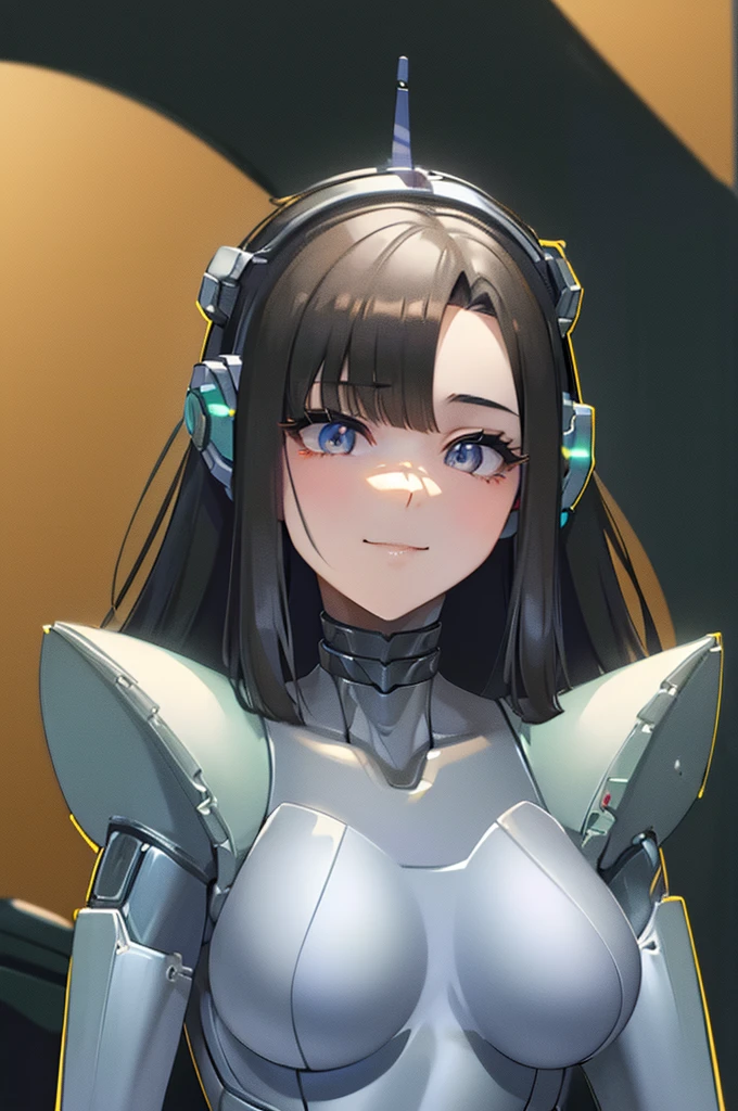 (masterpiece),(Highest quality),(Super detailed),(Best illustrations),(Best Shadow),(Absurd),(Detailed Background),(so beautiful), 16K, 8K, 4K,(Best Shadow),robotization,woman ,big bust,Robot Joint ,Metal skin,Black robot Suit,long hair,a black robot suit that covers the whole body,robot hand,cyber bodysuit,mecha head,(Detailed hands and fingers:1.2),Ball joint robot body,doll joint,beautiful face,beautiful robot girl,robotic eye,robotic hands,(no more human skin),android girl,cyborg girl,F cup, sexy body,(machine made joints:1.2),(machanical limbs:1.1),(blood vessels connected to tubes),(mechanical vertebra attaching to back),(mechanical cervial attaching to neck),no messy picture style,no emotion,tech control,black robot suit,maintenance,smile