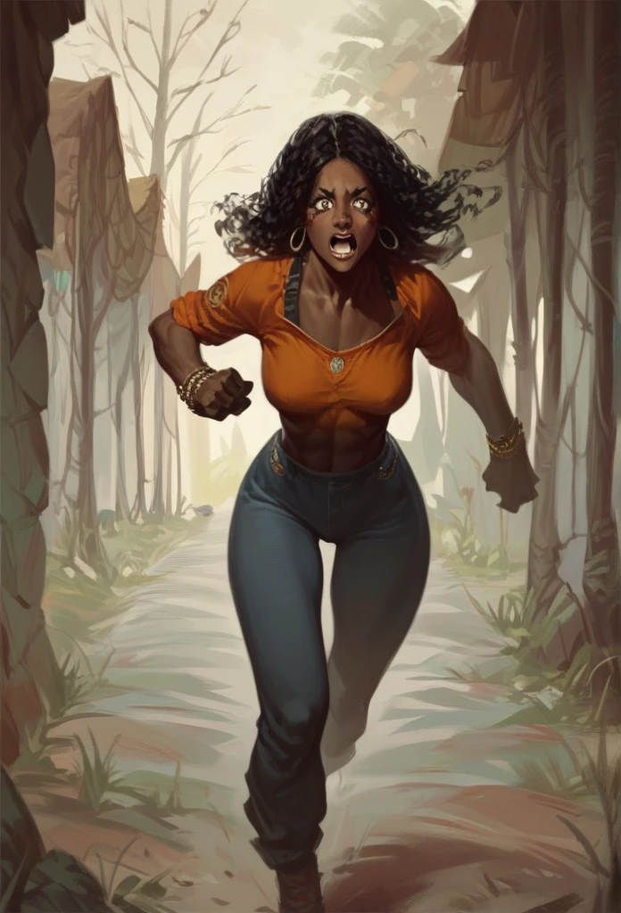 Dark-skinned woman. Wearing a long dress. Running. Scared. 