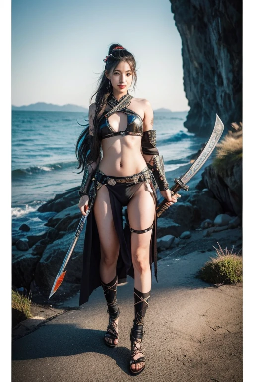 (RAW Photos), (Realistic), (Photorealistic), Ultra-high resolution, masterpiece, Highest quality, Perfect lighting, Detailed lighting, Dramatic Shadows, Ray Tracing, 1 Korean Beautiful woman, cute face, Sensual, ((Small beautiful breasts:1.5)), Curvaceous hips, Beautiful and delicate brown eyes, Red lips, Big Thick thighs, Abs, muscle, ((Long straight Hair:1.35)), Black Hair, Mouth half open, looking at viewer, (((Wearing a bikini armor))), whole body, in the caves,