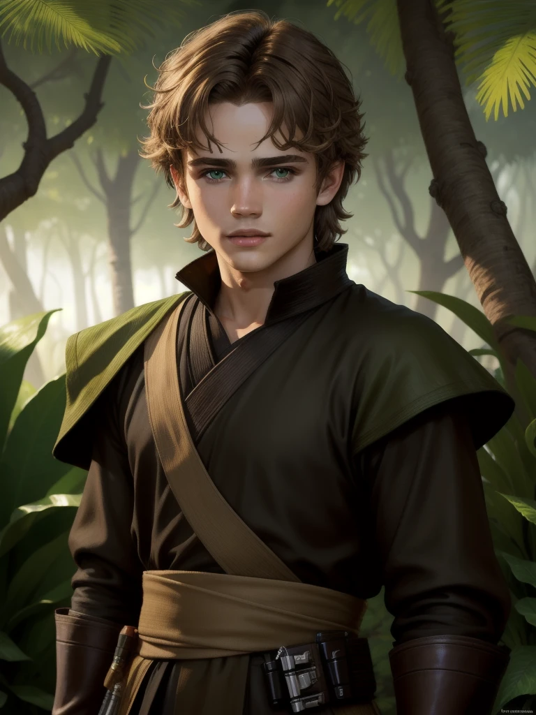 anakin skywalker, light brown hair, green eyes, black tunic, jungle background, mascular, short hair, 22 years old,