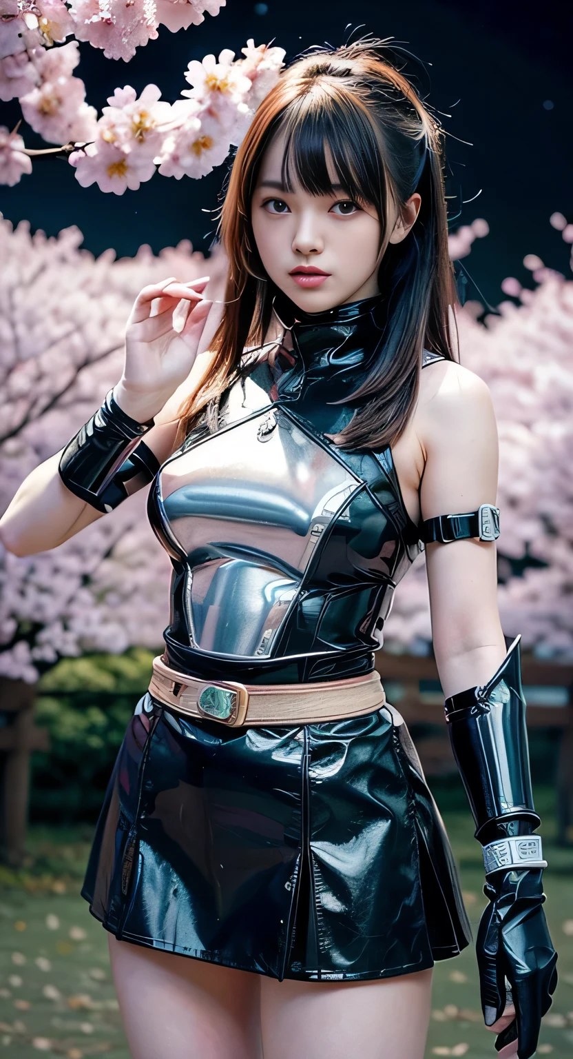 ultra-realistic, photorealistic, dramatic scene, shadow, global-illumination, solo, (20 years old Japanese famous idol girl:1.5), very beautiful fragile Japanese girl, very beautiful with very cute but boyish cool face, she is futuristic fashion model, wearing an inner wear, fully armored with transparent crystal glass armor, her armor reflects the lights, diamond, dynamic pose, cherry blossom in the park at night, amazing view of milkyway, stars, planets, constellations, galaxy