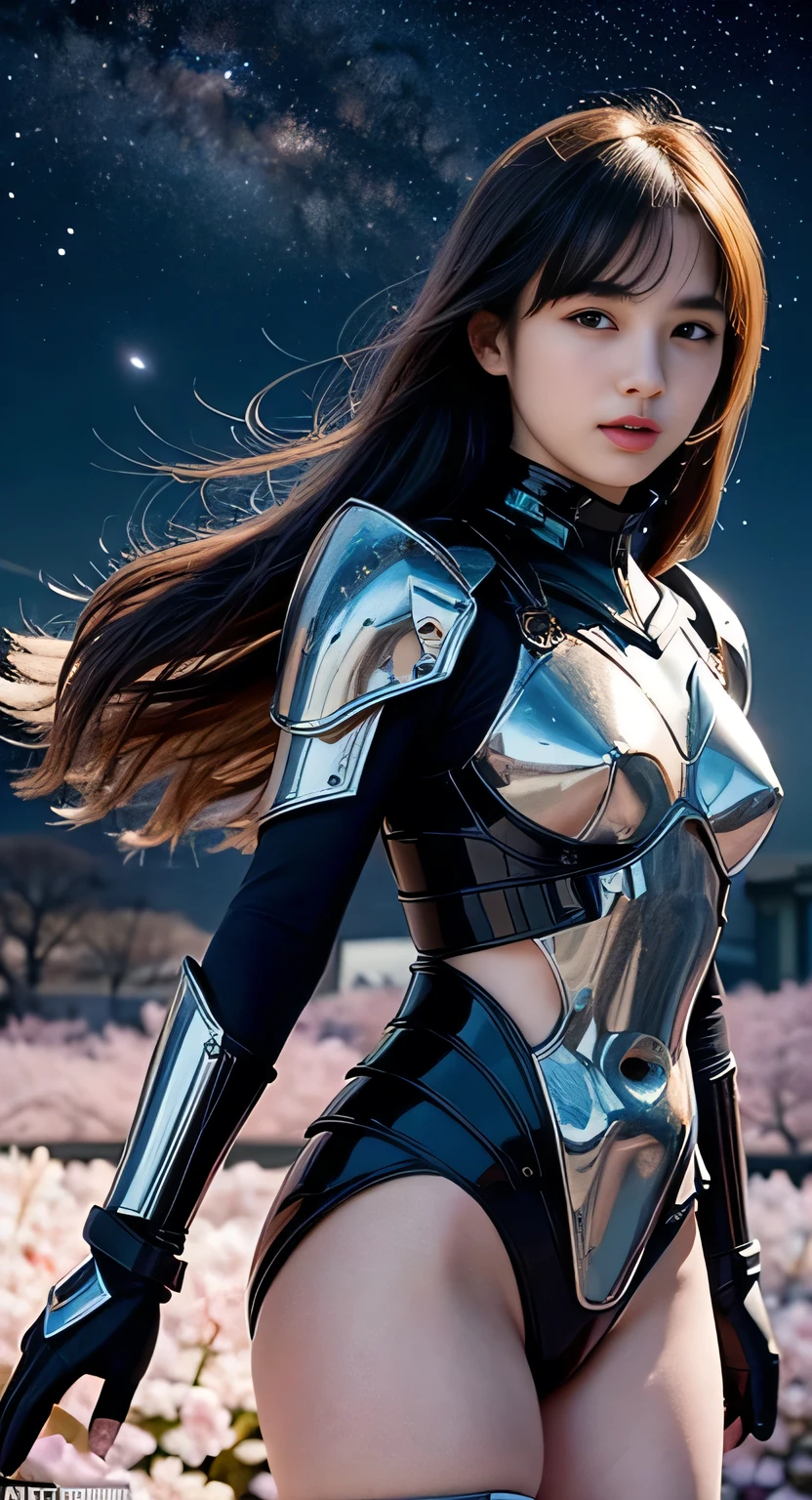 ultra-realistic, photorealistic, dramatic scene, shadow, global-illumination, solo, (20 years old Japanese famous idol girl:1.5), very beautiful fragile Japanese girl, very beautiful with very cute but boyish cool face, she is futuristic fashion model, wearing an inner wear, fully armored with transparent crystal glass armor, her armor reflects the lights, diamond, dynamic pose, cherry blossom in the park at night, amazing view of milkyway, stars, planets, constellations, galaxy