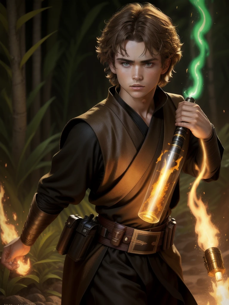 anakin skywalker, light brown hair, green eyes, black tunic, jungle background, mascular, short hair, 22 years old, serious look, stern eyes, fire magic, fireball in hand, 