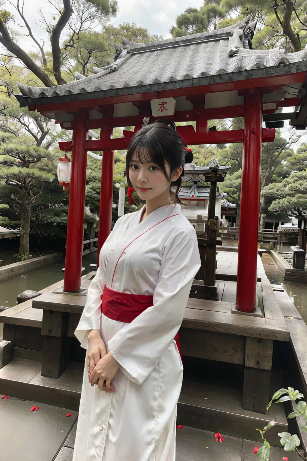  Japanese Shrine Maiden, Shrine grounds, (Scarlet Hakama), white kimono, Big Breasts