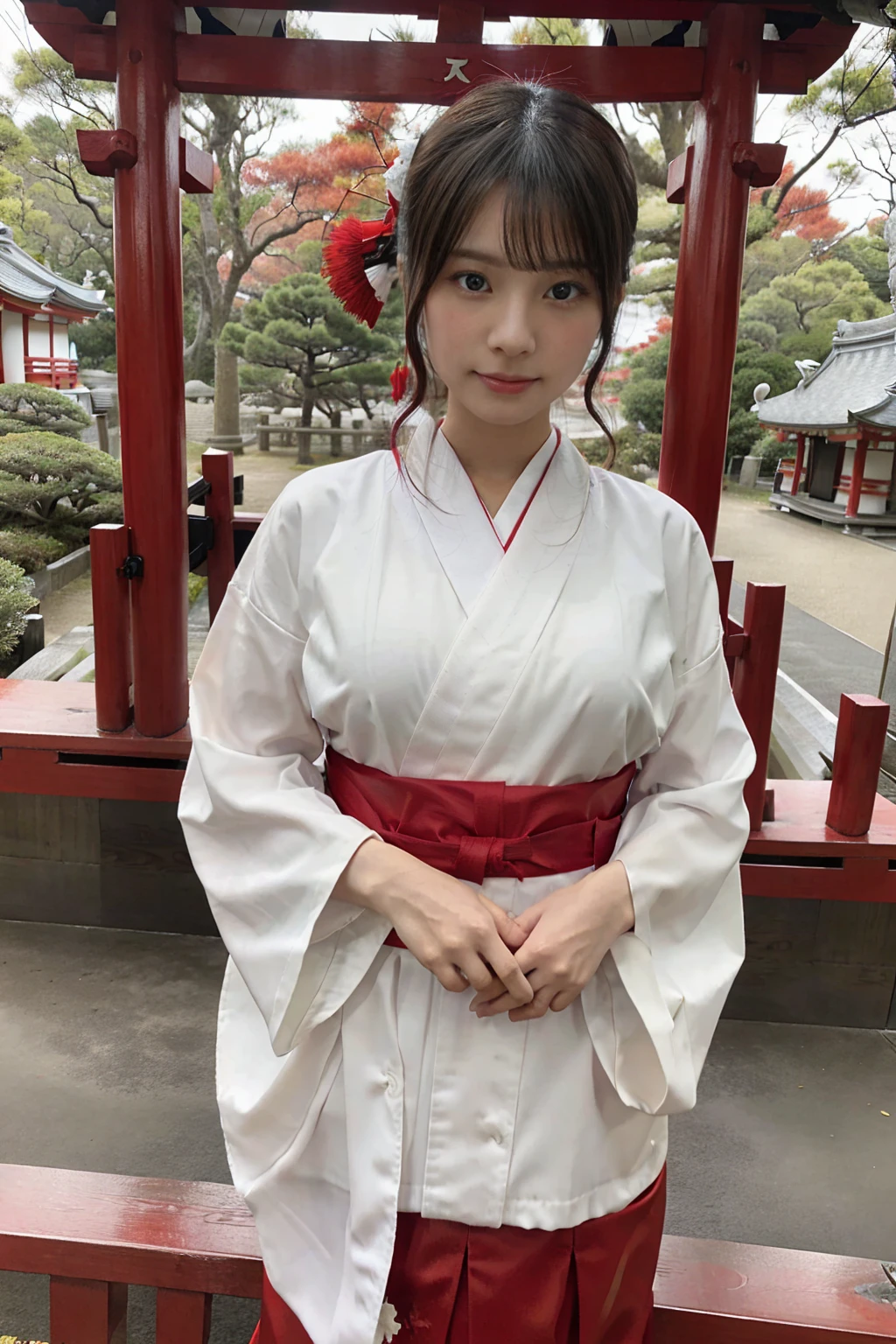  Japanese Shrine Maiden, Shrine grounds, (Scarlet Hakama), white kimono, Big Breasts