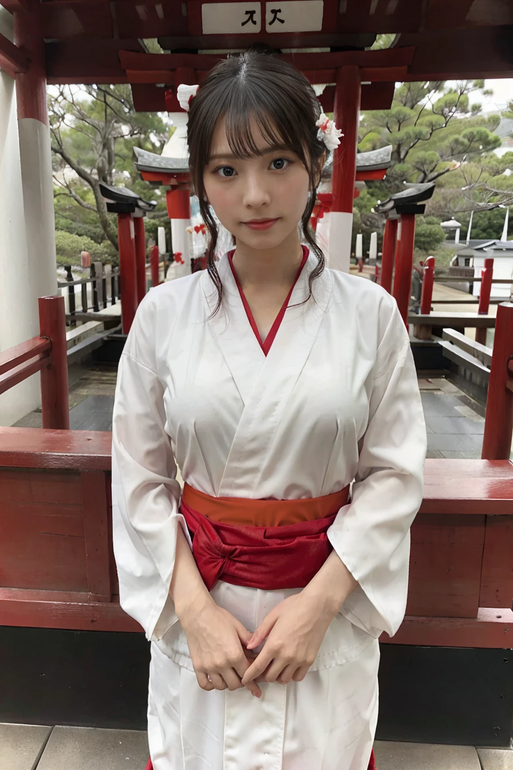  Japanese Shrine Maiden, Shrine grounds, (Scarlet Hakama), white kimono, Big Breasts