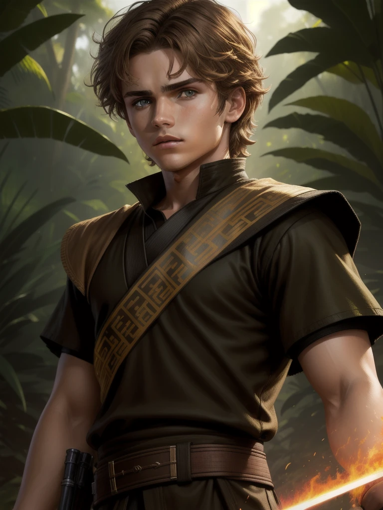 anakin skywalker, light brown hair, green eyes, black tunic, short sleeve, jungle background, mascular, short hair, 22 years old, serious look, stern eyes, fire magic, fireball in hand, 