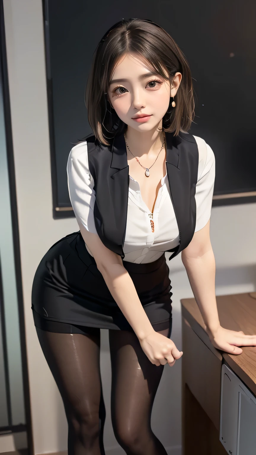 (((Best Quality))), ((masterpiece)), (  Details), ((Alone)), ((((( office lady , white shirt,Black vest, Black Tight Skirt , black pantyhose, open chest, clevis))))), ((( big butt ,Wide As,Round ass, Toned Thighs ,Slender body))), (((Legs visible through skirt))), (( glowing skin , white skin, glowing skin )), Mysterious Light, cameltoe at the lecture,ラクダのつま先, ((((Angle that captures the face and whole body)))), ((( well-prepared face))), ((Big Eyes,Round Glasses:1.2)), ((((((Droopy eyes)))))), (((( close your eyes )))), (( random angle )), (((((Standing with legs slightly open))))), (((( accurate anatomy)))),   Completely-valid,Pink Cheek, eyeshadow, earrings for a woman alone, necklace , 