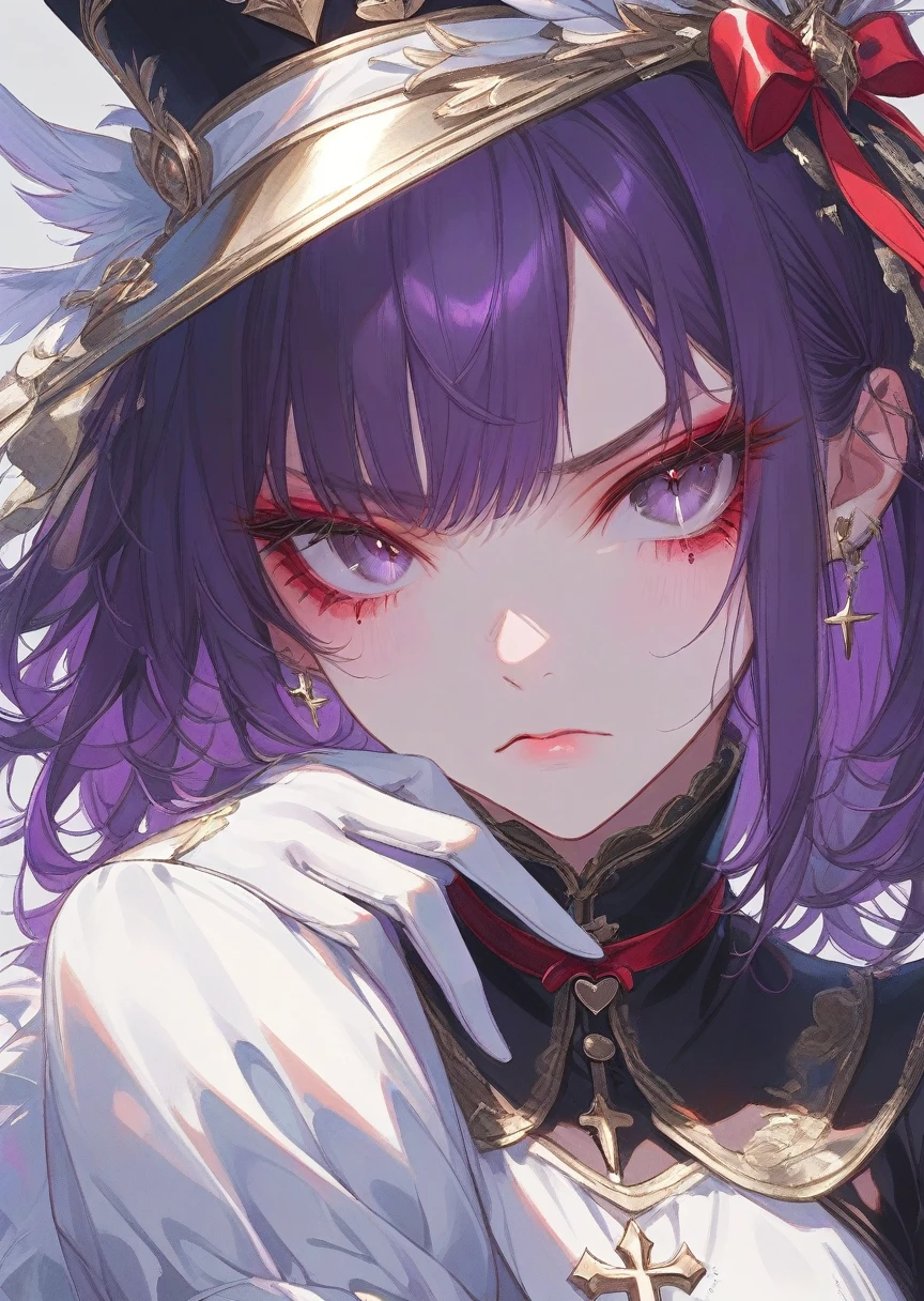 top quality, fine detail, 1girl, black eyes, eyelashes, solo, red hair, heart eyes, purple hair, two tone hair, messy hair, cute hat, idol costume, red ribbon, beautiful face, beautiful eyes, boring expression, angry, very detailed hair, crosses arm, white gloves, intricate detail, newerst, (very aesthetic:1.3), shiny, cowboy shot, super detail