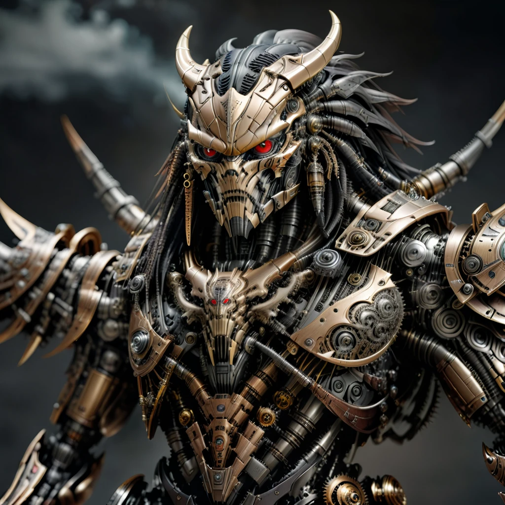 3D rendering, a toy, action figure, full body  shot ,A dark fantasy devil predator,looking at viewer,photographic,ultra detail,full detail,8k best quality,realistic,8k,micro intricate details, steam punk style,predator mixed with terminator , mechanical parts,mecha,
(((full body shot))), digital image.