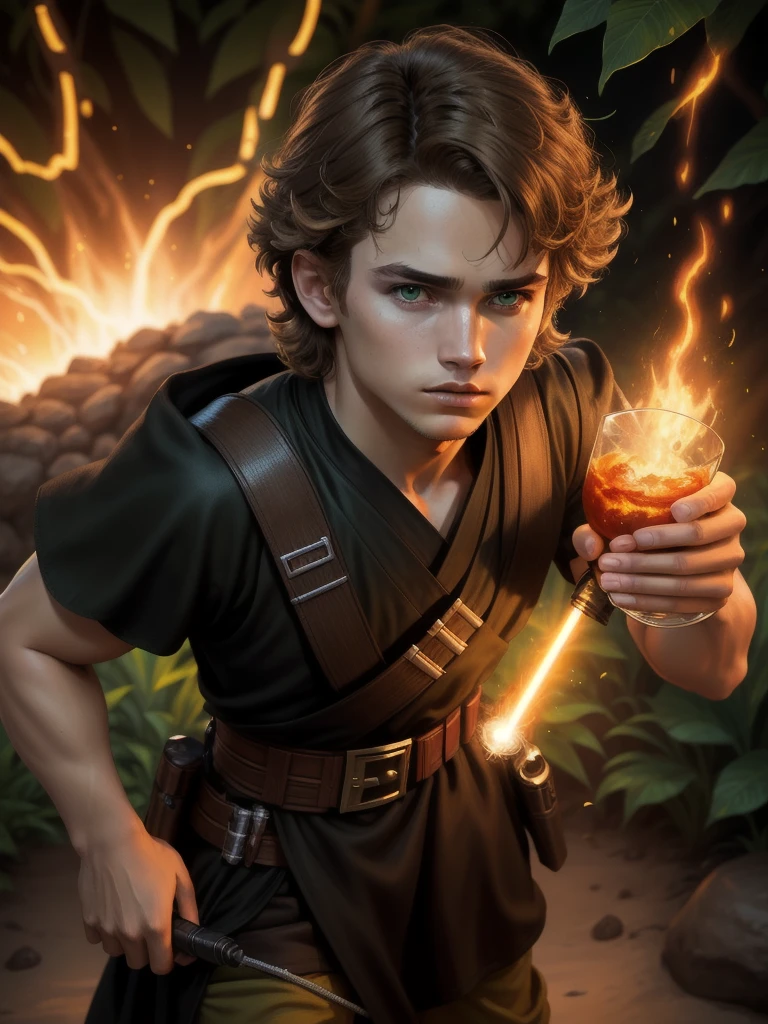 anakin skywalker, light brown hair, green eyes, black tunic, short sleeve, jungle background, mascular, short hair, 22 years old, serious look, stern eyes, fire magic, (fireball in hand), full body,