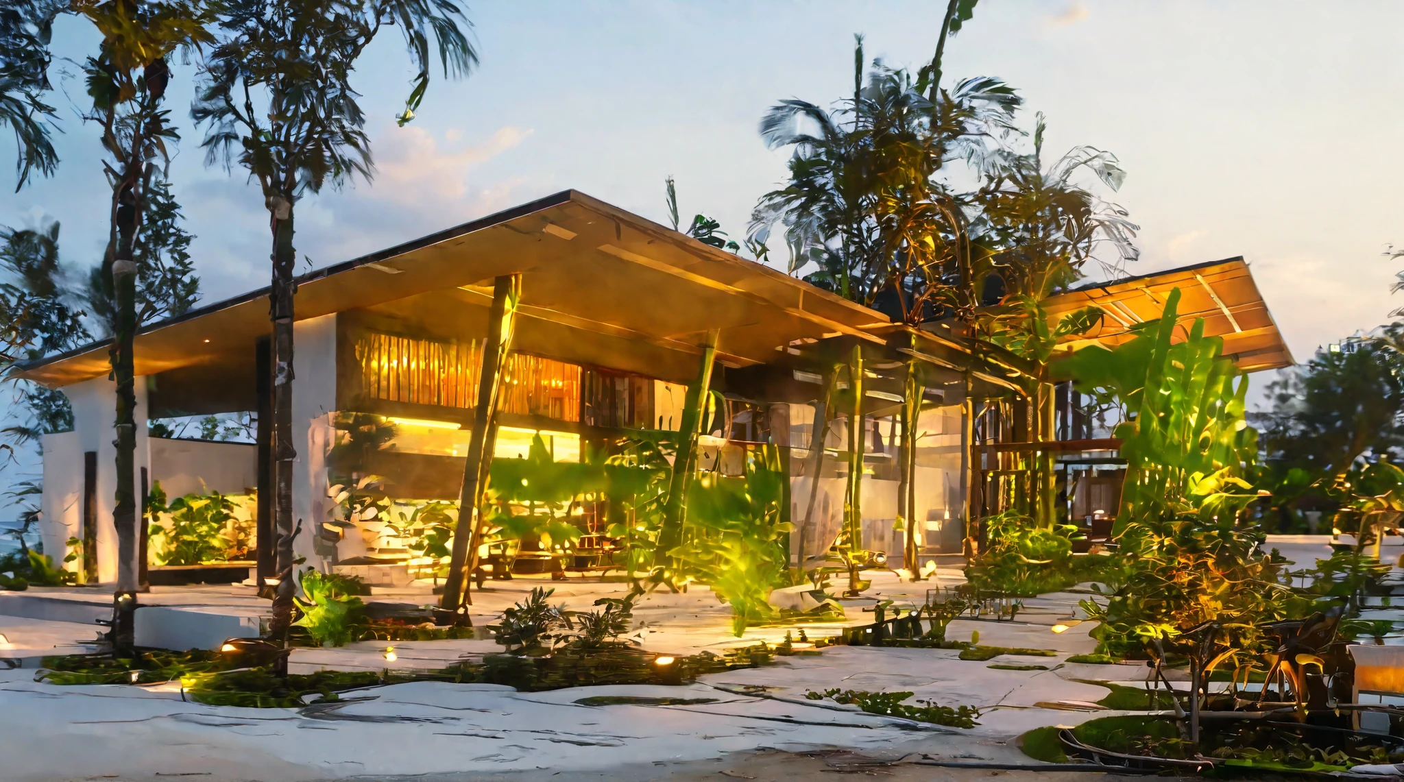 there is a large building with a lot of plants and trees, exterior shot, a digital rendering, a wide full shot, detailed renderings, in a beachfront environment, mantra rendering, architectural rendering, a hyper realistic, cinematic full shot, rendered in corona, resort, front facing shot, evening sun, medium full shot, hq very detailed, a night time photorealistic rendering