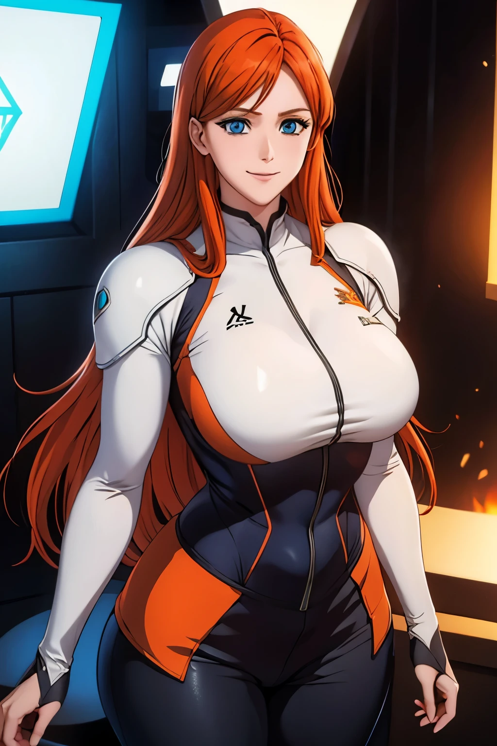 Woman , long orange hair, ginger hair, blue eyes, smiling, White armors, black pants, big boobs, wide hips, large thighs,