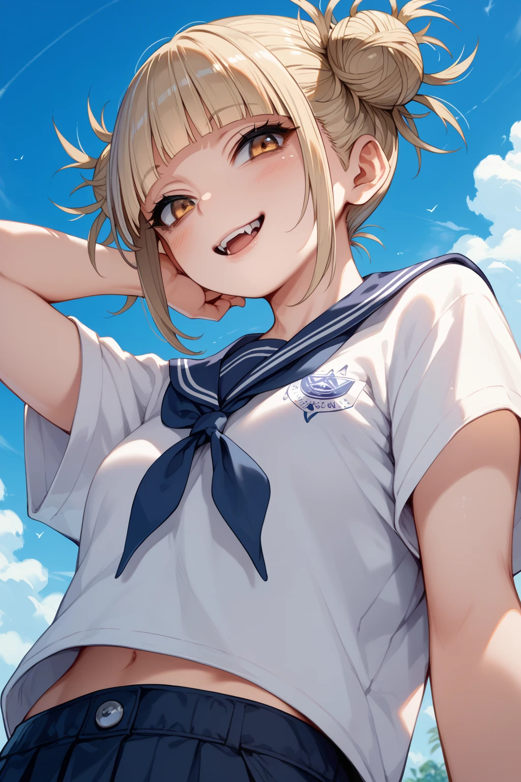 1girl in、A smile、The shirt、skirt by the、(small tits)Chilarism、Japan High School Student Uniform、serafuku、summer clothing、(Sheer Bra)、Upper body portrait、blonde hair、Dynamism!!Running with the wind、