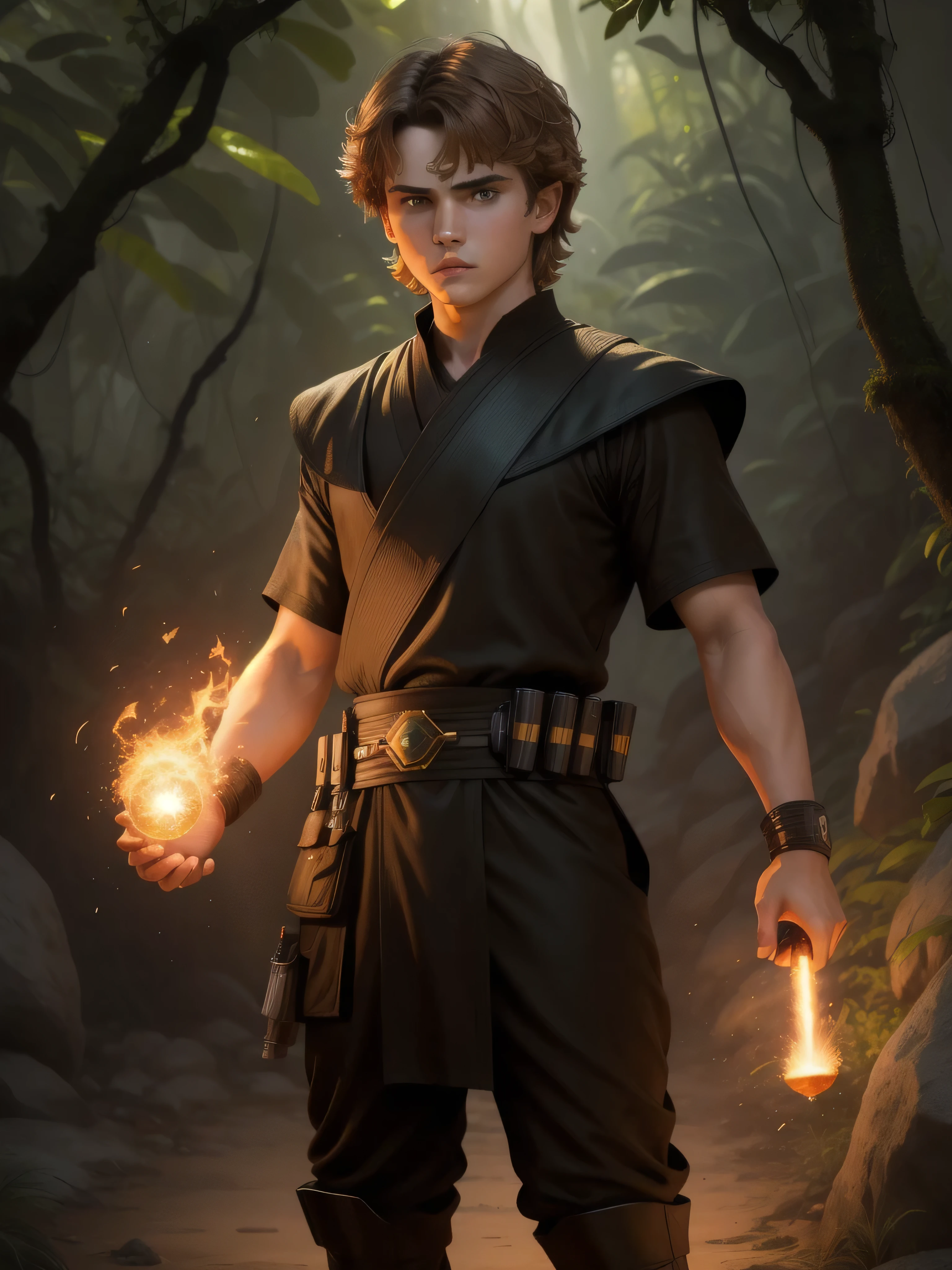 anakin skywalker, light brown hair, green eyes, black tunic, short sleeve, jungle background, mascular, short hair, 22 years old, serious look, stern eyes, fire magic, (fireball in hand), full body,