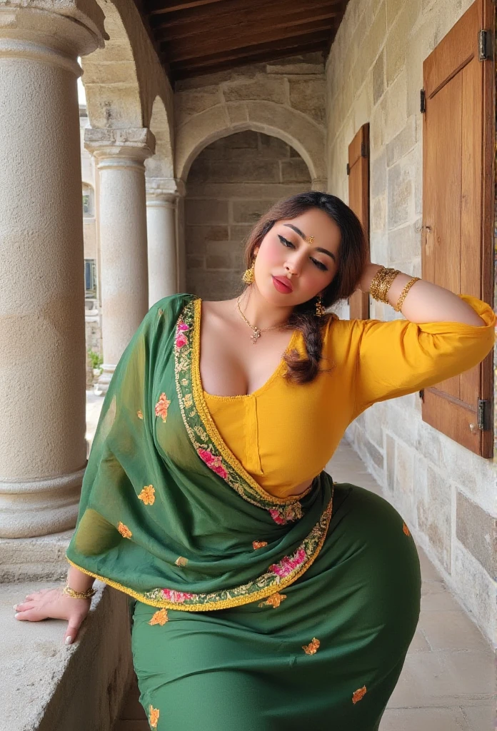 The scene captures a Pakistani Muslim woman in traditional attire, leaning back against a stone wall with a wooden pillar nearby, creating the impression of a serene outdoor courtyard. Her fair skin and curvaceous figure, particularly her full bust, are elegantly framed by a deep yellow blouse with a modest neckline, paired with a green saree that wraps gracefully around her. The saree’s pallu is richly embroidered, adorned with floral patterns and bordered with a yellow trim and gold accents, draping over her right shoulder in a traditional style. She wears intricate gold jewelry, including a delicate nose ring, several bangles, and an elegant necklace, exuding a subtle yet striking beauty. Her dark brown hair is styled in a single, loose braid that rests over her shoulder. Her eyes are softly closed, her lips adorned with vibrant red lipstick, and her expression is one of quiet reflection and grace, with her left hand gently resting on her forehead. The setting reflects rural Pakistani charm, with stone walls and wooden architecture in the background. The vivid colors of her attire in greens, yellows, and reds add to the cultural depth and serene ambiance of this tranquil, timeless scene.