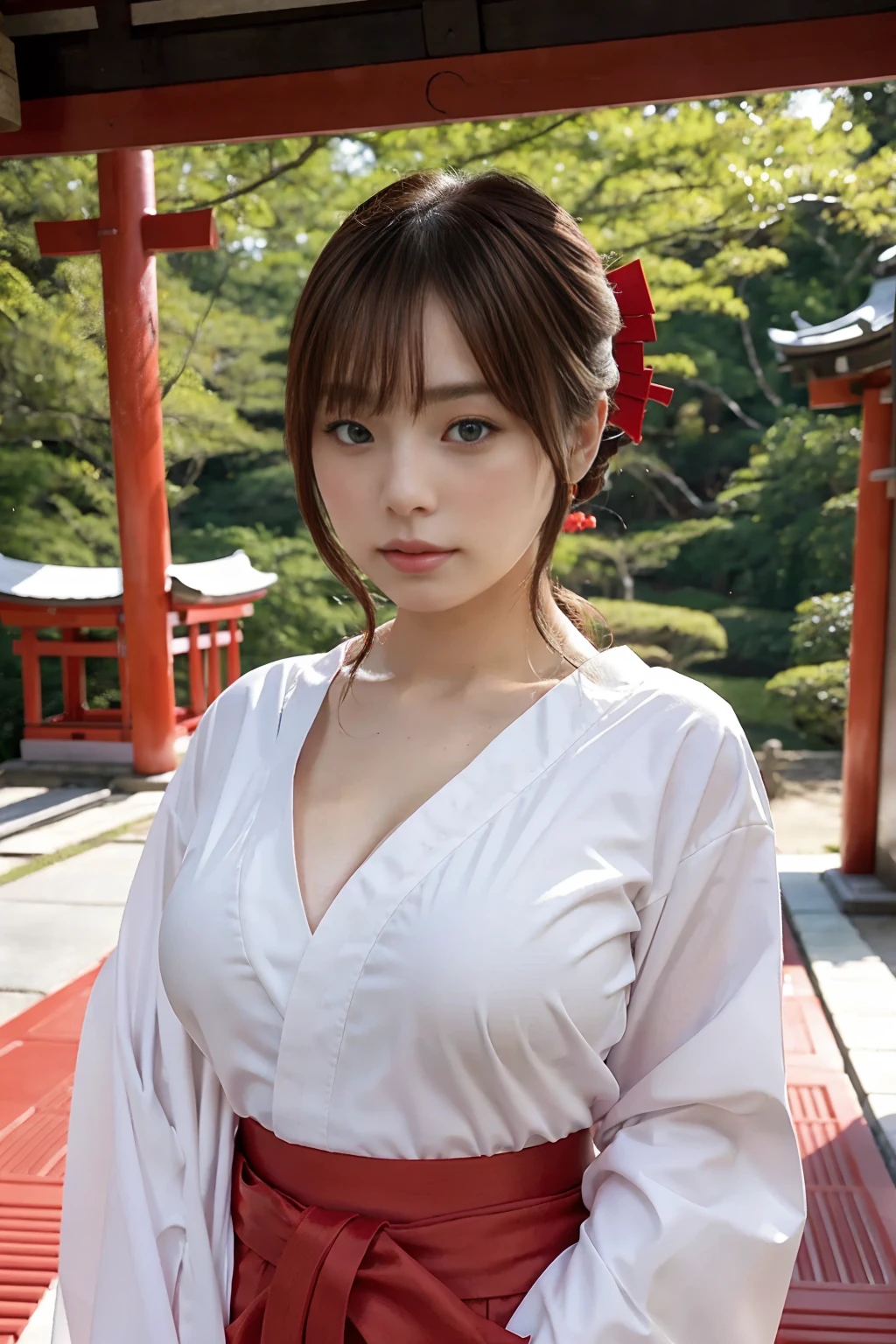  Japanese Shrine Maiden, Shrine grounds, (Scarlet Hakama), white kimono, Big Breasts