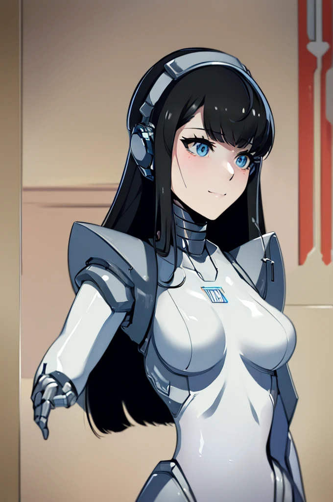 (masterpiece),(Highest quality),(Super detailed),(Best illustrations),(Best Shadow),(Absurd),(Detailed Background),(so beautiful), 16K, 8K, 4K,(Best Shadow),robotization,woman ,big bust,Robot Joint ,Metal skin,Black robot Suit,long hair,a black robot suit that covers the whole body,robot hand,cyber bodysuit,mecha head,(Detailed hands and fingers:1.2),Ball joint robot body,doll joint,beautiful face,beautiful robot girl,robotic eye,robotic hands,(no more human skin),android girl,cyborg girl,F cup, sexy body,(machine made joints:1.2),(machanical limbs:1.1),(blood vessels connected to tubes),(mechanical vertebra attaching to back),(mechanical cervial attaching to neck),no messy picture style,no emotion,tech control,black robot suit,maintenance,smile,robot nurse