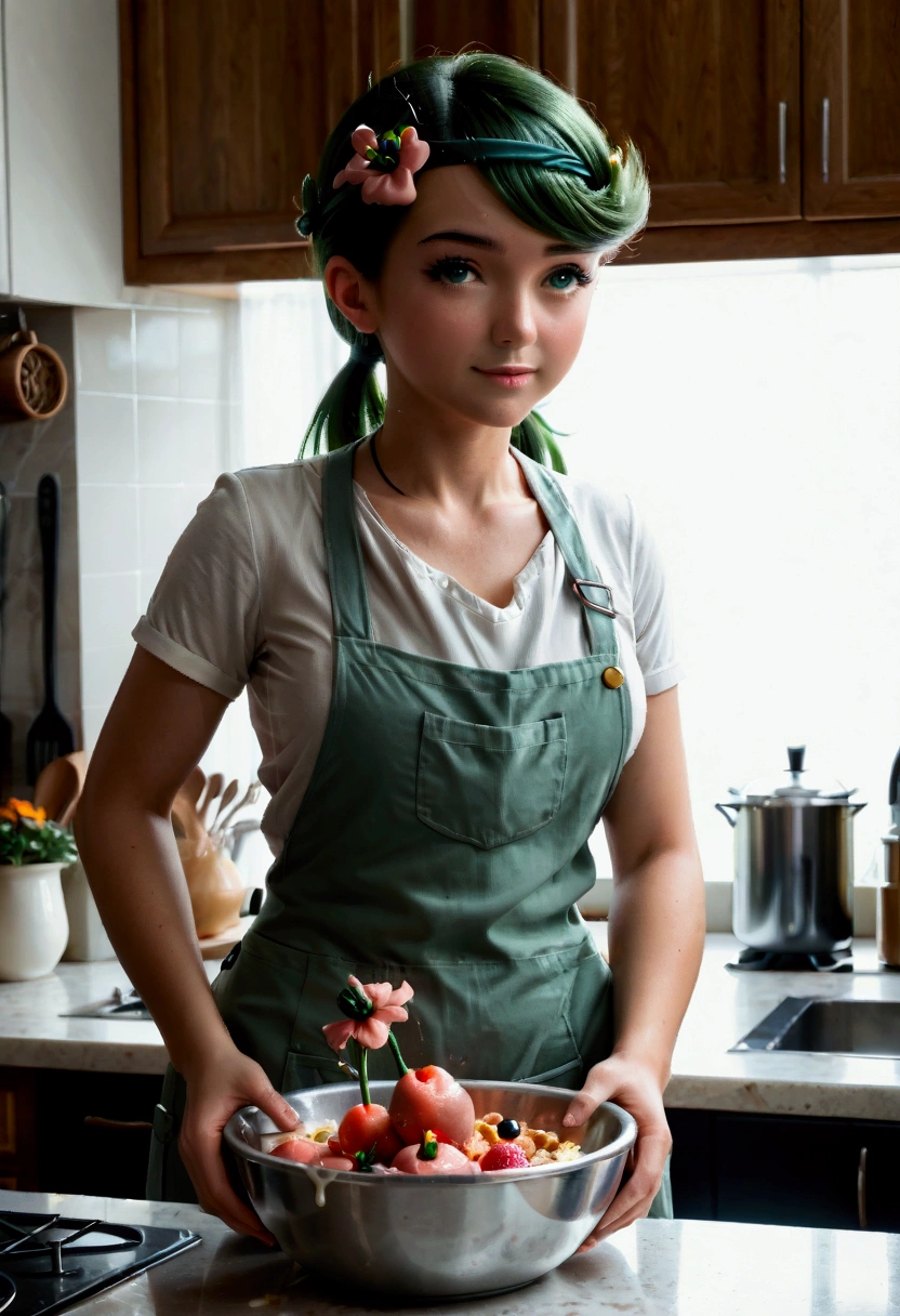 mallow (pokemon) standing against a kitchen counter futanari penis cum inside a mixing bowl of white dry flower and baking cookies mixing with a mixer