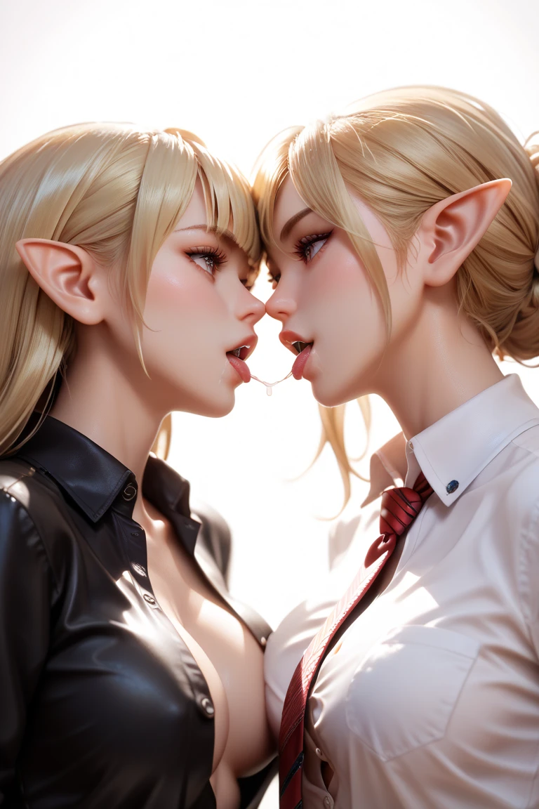 2 women buttoned in extremely tight shiny black blouse, Necktie, langes Haar, Bangs, Breasts, Lens reflection, Reflected light, Are seductive smiles ,  blonde hair, jeanshose, kiss, pointed ears, saliva, salivafluss 