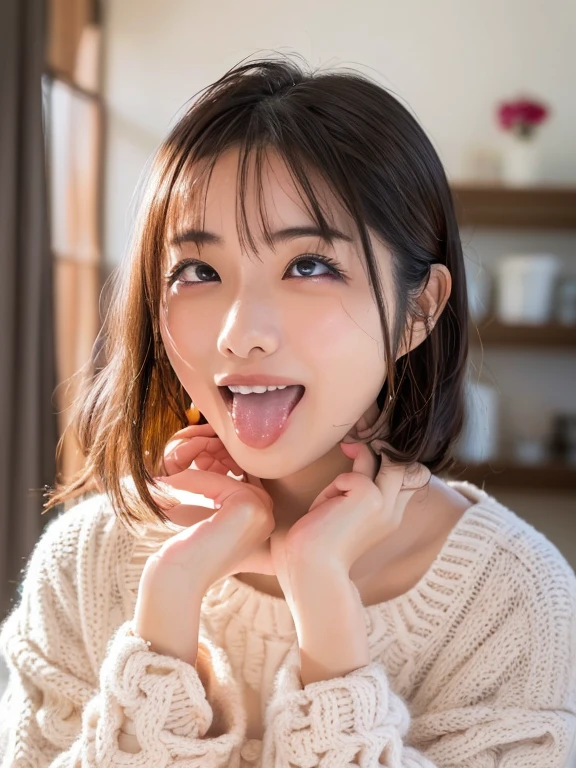 Top quality、Excellent detail、Extremely detailed depiction、((Raw photo))、Delicate skin、Ultra-high resolution、Photorealistic、Bright lighting、(ish Japanese woman)、Hair up、Mischievous Smile、(Hands on your face:1.2)、short tongue、(looking at the camera:1.1)