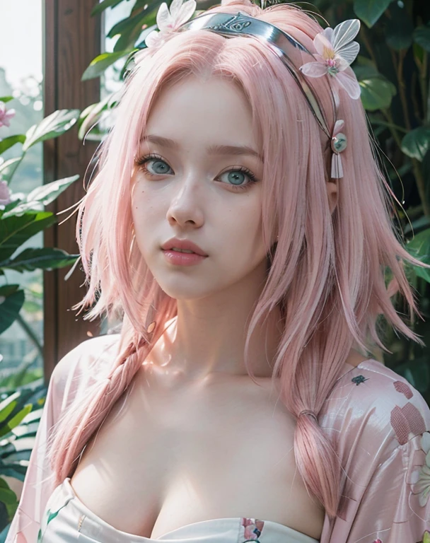 young woman pale skin, long bubblegum pink hair, pink eyebrows, big jade green eyes, buttoned nose, peach lips, small breasts, wide forehead, kimono of flowers and butterflies, Sakura Haruno, realist, 3D
