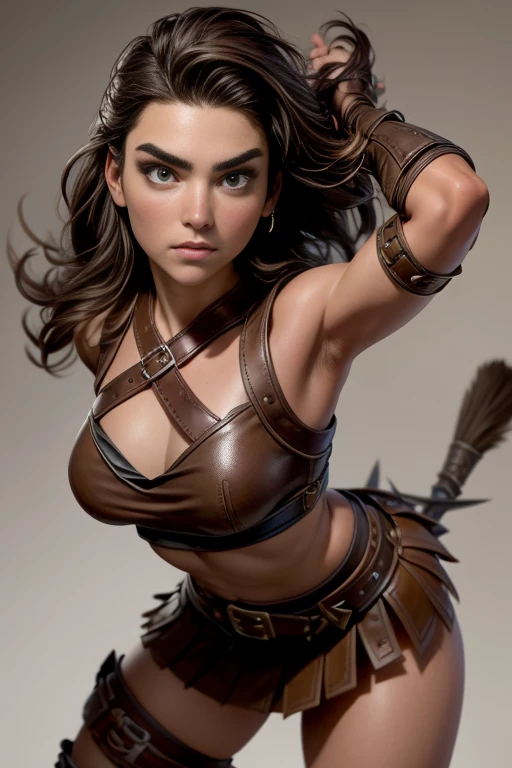  Young Viking woman , warrior, short brown hair, thick eyebrows,  brown eyes , leather armor,  strappy leather top , fur skirt, fierce expression,  combat posture ,  masterpiece , super detail,  lyrics,  plain white background , without patterns, No textures. 