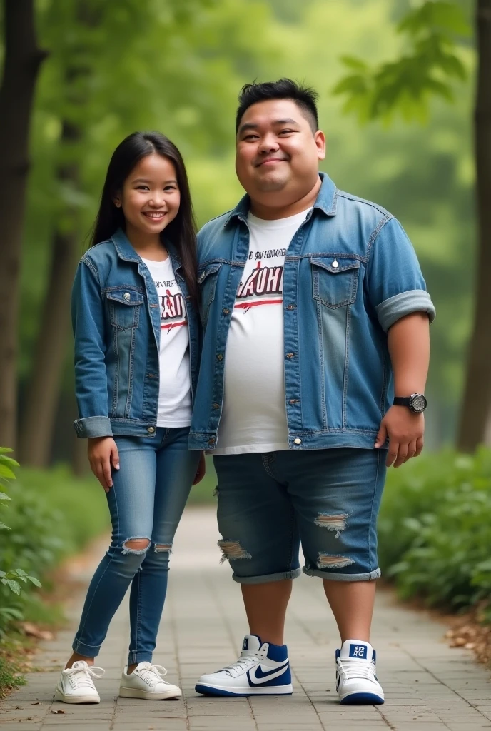 A middle school girl around 13 years old and a fat guy around 35 years old