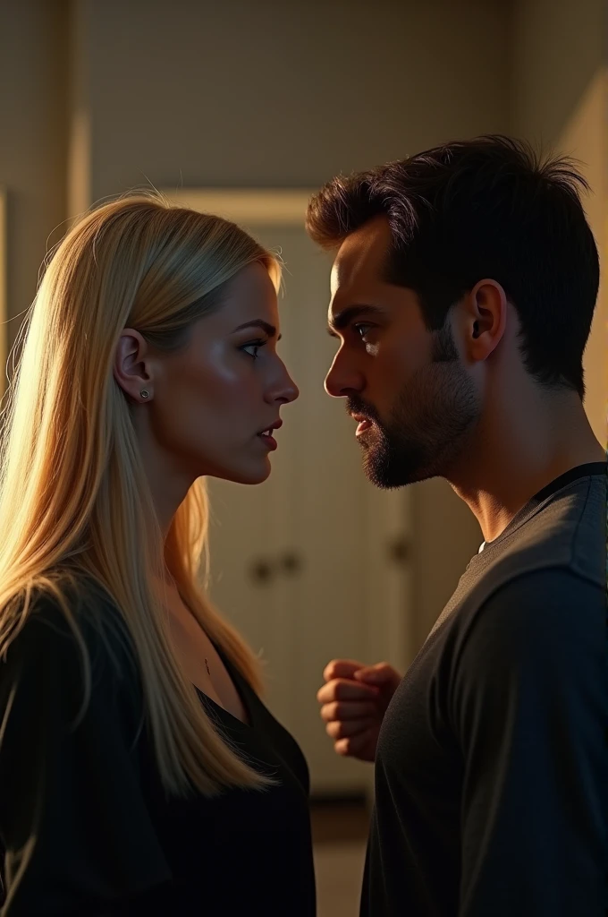 Dark, short haired man holds blond woman thight. they are in fear, looking in the same direction, scary light, hyperrealistic