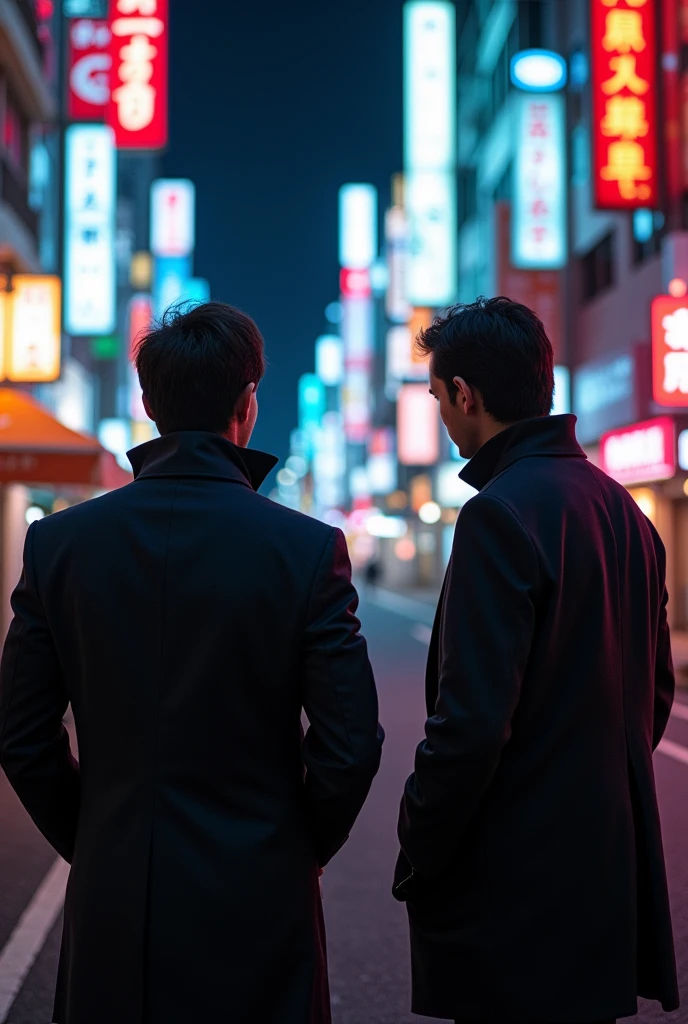 A photograph of a Japanese gang members in the night Tokyo street, neon signs all-around, katana sword, dark, contrast, japan 80's colors, dark background, contrast, (cinematic light), (full frame DSLR Canon camera), 85mm macro, (f1.8), (ISO 1200)