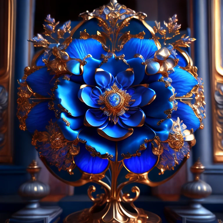  great quality 、 (8k、 RAW photo、Realistic)、Metal Plated Artificial Flowers 、 blue roses 、Altar of the Palace、Detailed, detailed depictions and flashy 、 dynamic painting method 、 professional flaming lighting