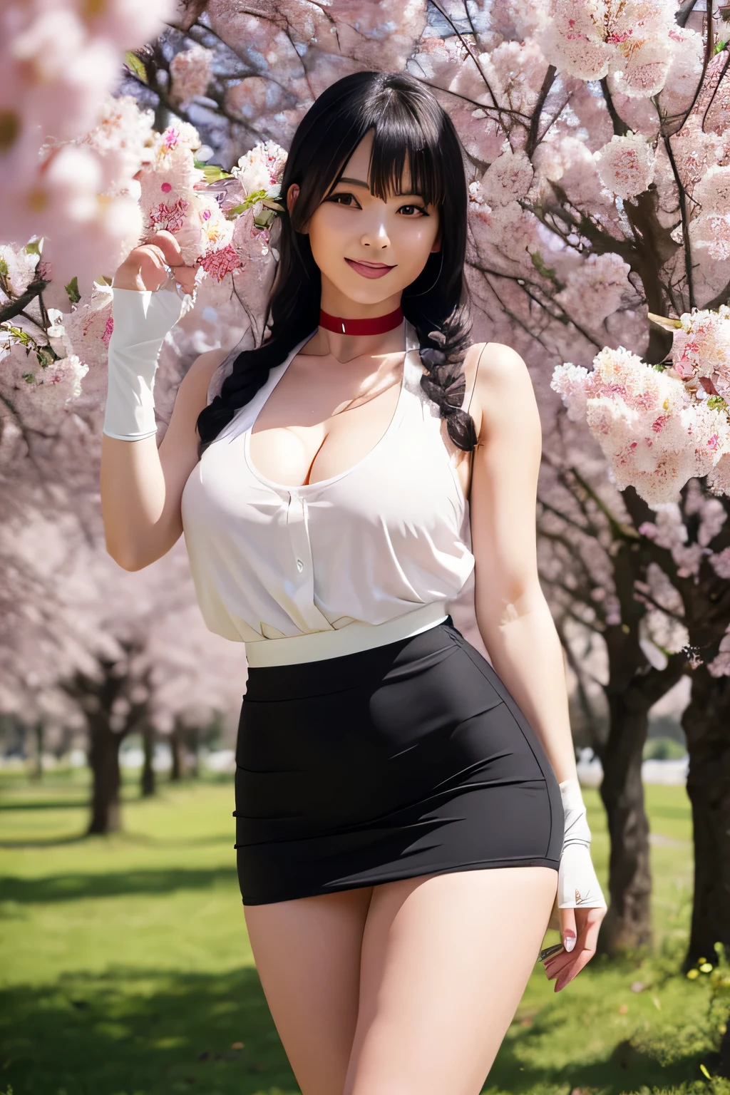 him, black hair ,blows, simple braid, green eyes,
 negro,Gloves,red choker, black sleeveless blouse,neckline en brasier amarillo,  breasts come out of the blouse,
smile,neckline, Big breasts ,Standing, upper body, waist 50cm,large hips
or incredibly detailed Japan ,outdoors,
( blouse neckline , masterpiece,  Best quality ),mini skirt, Big Thighs, long legs,  beautiful legs ,In a cherry tree landscape...