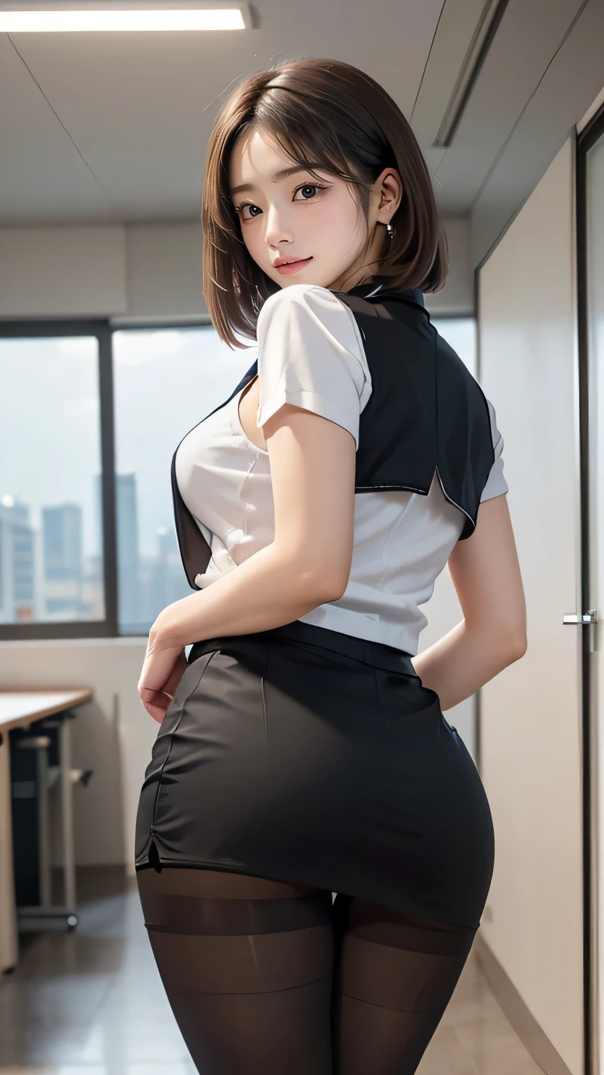 (((Best Quality))), ((masterpiece)), (  Details), ((Alone)), ((((( office lady , white shirt,Black vest, Black Tight Skirt , black pantyhose, open chest, clevis))))), ((( big butt ,Wide As,Round ass, toned thick thighs,Slender body))), (((Legs visible through skirt))), (( glowing skin , white skin, glowing skin )), Mysterious Light, cameltoe at the lecture,ラクダのつま先, ((((Angle that captures the face and whole body)))), ((( well-prepared face))), ((Big Eyes)), ((((((Droopy eyes)))))), (((( close your eyes )))), (( random angle )), (((((Standing with legs slightly open))))), (((( accurate anatomy)))),   Completely-valid,Pink Cheek, eyeshadow, earrings for a woman alone, necklace ,  from behind,is, on stomach, lying, from behind, thick thighs, 1girl, Alone, looking at viewer, looking back,