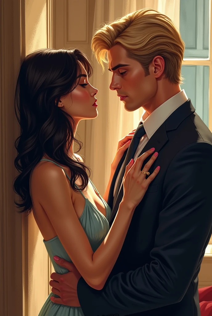 cartoon illustration of a handsome man forty years old, He is strong and muscular, has powerful blue eyes and blond hair, similar to the character Tyler Rake, looking intensely and passionately at a beautiful twenty-year-old girl similar to the character Blair Waldorf, youthful face, naive dark look, dark hair and dark eyes wearing a light dress, they are in a luxurious suite, She is leaning against the wall and being seductively cornered by him who holds her hands above her head and ties them with his tie., he has his shirt open showing his muscles, looking at her intensely and passionately. sexy couple full body image.