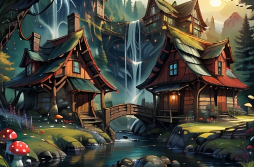 ((masterpiece, Best quality )),  absurdres, 8K, intricate,  High level of detail ,   
magical_forest_home,
 a town of mushroom houses near a murmuring stream, waterfall, Bridges, 
 Fungus , Mushroom house , magic, fog, Sunny day,