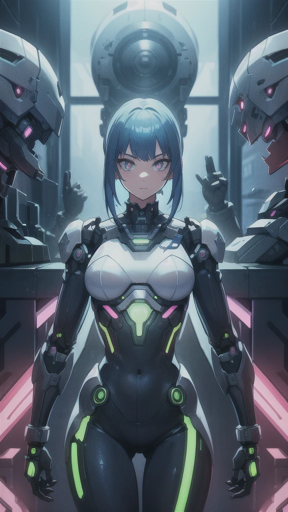 An android girl with mechanical body parts and robotic prothesis, in a neon future scene, slim body 