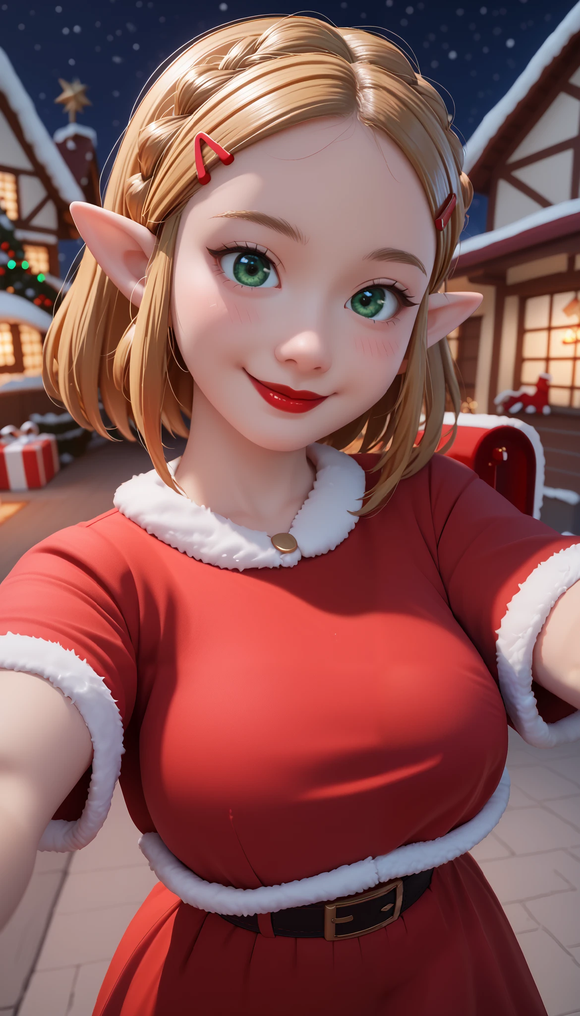High resolution , , perfect lighting , beautiful and detailed eyes , (( masterpiece , best quality )), absurdities , Alone, Princess Zelda , across the width , crown braid , hair clip , Pointy Ears , fingerless gloves , black gloves, smile, curves, Nod, , deep neckline, deep neckline, touching your breasts in a sensual way, on, Black hair, on, touching your breasts in a sensual way, blue-green eyes , on, beautiful face , red lipstick , Blush, rubio, taking a provocative selfie , above, red lipstick , rubio, green-eyed, Christmas Village At night , taking a provocative selfie , blonde, pig tails, six medium , lindocore, lindocore, tight red top , pig tails, Christmas village, At night, close up, Santa Claus has , full body