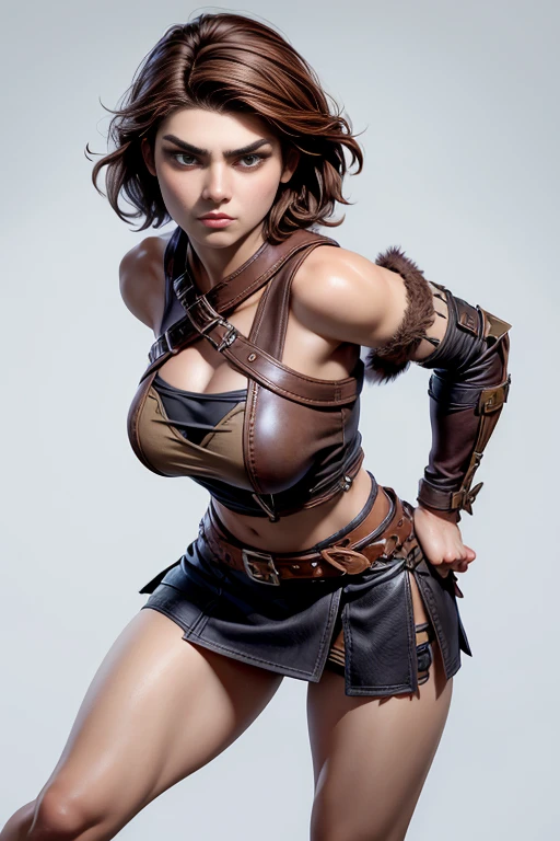  Young Viking woman , warrior, short brown hair, thick eyebrows,  brown eyes , leather armor,  strappy leather top , fur skirt, fierce expression,  combat posture ,  masterpiece , super detail,  lyrics,  plain white background , without patterns, No textures. 