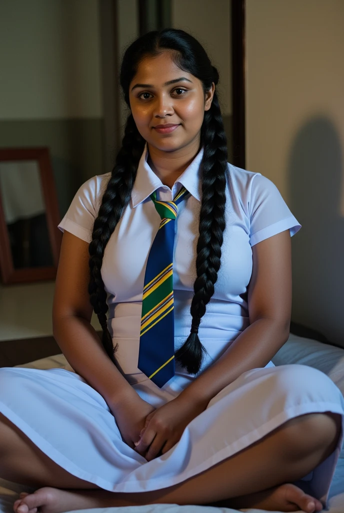 beautiful cute Sri Lankan 21 years old school girl, in barefoot, Large breast size , 20 years old, wearing a white frock and a colored tie. She has plaits, black braided long hair, cinematic lighting, glowing, movie filter, moody effect, thick body, beautiful Indian face, sitting on the bed