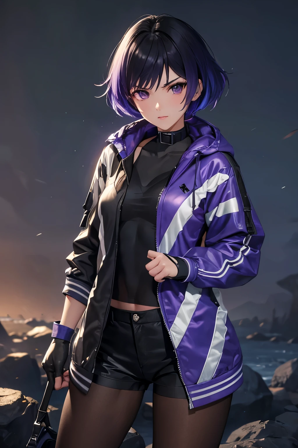 (8k, raw photo, masterpiece, extremely detailed, best quality, professional lighting, high res), BREAK beautiful and adorable girl, reina, (round face), purple eyes, sharp eyes,multicolored hair, choker, purple jacket, see-through, black shirt, black shorts, fingerless gloves, pantyhose, tall height, grown up looks, fighter, strong willed, arrogant, BREAK outdoor, (dark:1.3), dark world, rocky area, barren land