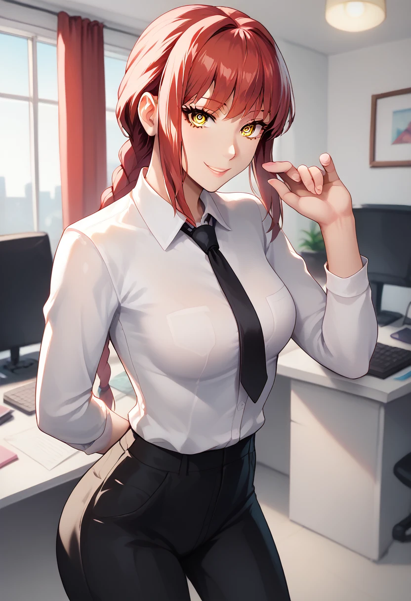 makima, makima, long hair, smile, bangs, (small breasts:1.2), (yellow eyes:1.2), braid, red hair, braided ponytail, ringed eyes, BREAK shirt, long sleeves, white shirt, necktie, collared shirt, pants, black pants, formal, suit, black necktie, shirt tucked in, office lady, BREAK indoors, office, BREAK looking at viewer, BREAK (masterpiece:1.2), best quality, high resolution, unity 8k wallpaper, (illustration:0.8), (beautiful detailed eyes:1.6), extremely detailed face, perfect lighting, extremely detailed CG, (perfect hands, perfect anatomy),
