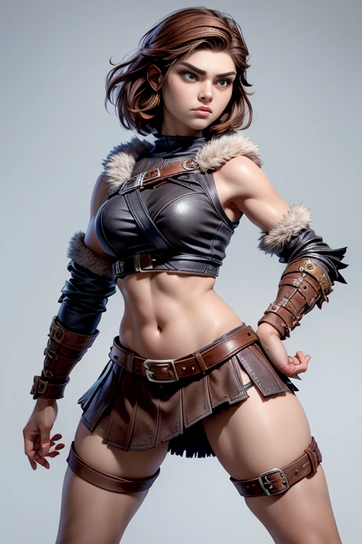  Young Viking woman , warrior, short brown hair, thick eyebrows,  brown eyes , leather armor,  strappy leather top , fur skirt, fierce expression,  combat posture ,  masterpiece , super detail,  lyrics,  plain white background , without patterns, No textures. 