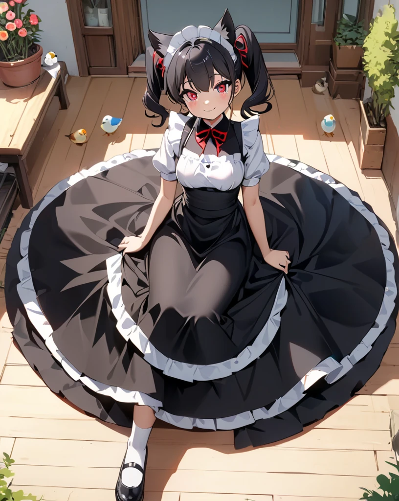 masterpiece, Super detailed,  Hi-Res,(1 person,  cute young woman, Age 15, medium bust ,  black hair,  twin tails、Big red ribbon、Smile),(Red eyes, Delicate, beautiful eyes ,  eyes are drawn in detail, detailed eyes on board,double eyelid),Maid服:1.3、 girl sitting、A garden with beautiful flowers 、birdie,anime girl in a black and white  dress sitting on a floor, change in  dress, cute anime waifu in a nice  dress, anime girl in a Maid costume, Maid  dress,   anime moe art style , Maid outfit, anime girl wearing a black  dress,  Catboy Cosplay ! Maid!  dress, , change, gorgeous Maid