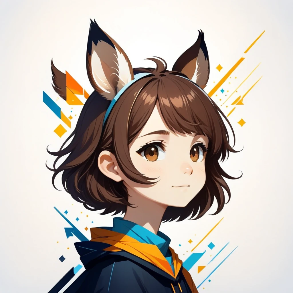 PORTRAIT OF A GIRL,1GIRL, illustration-style,modern, striking composition,sleek lines, unique pattern,abstract elements,geometric shapes,GEOMETRIC LOGO, , , expressive strokes , ,ANIMAL EARS, ANIMAL NOISE,CAPYBARA EARS, ANIMAL NOISE,ANIMAL headwear,SMILE, HALF CLOSE EYES, BROWN AND WHITE ANIMAL EARS,BROWN HAIR,((SILHOUETTE:1)),SIDE VIEW,FANTASY,EPIC, SPARKS,