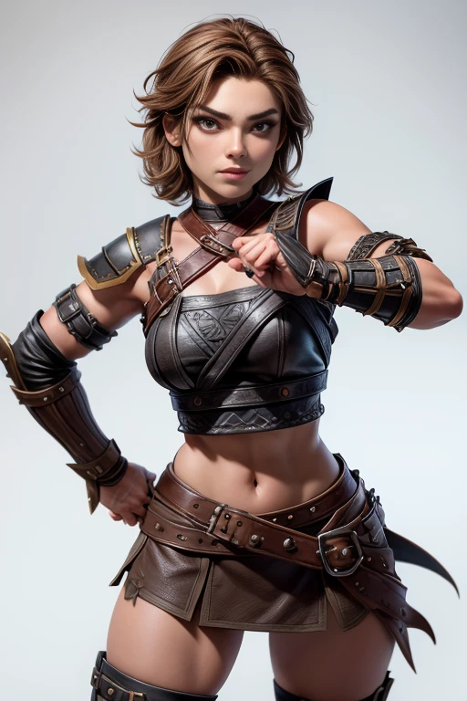  Young Viking woman , warrior, short brown hair, thick eyebrows,  brown eyes , leather armor,  strappy leather top , fur skirt, fierce expression,  combat posture ,  masterpiece , super detail,  lyrics,  plain white background , without patterns, No textures. 