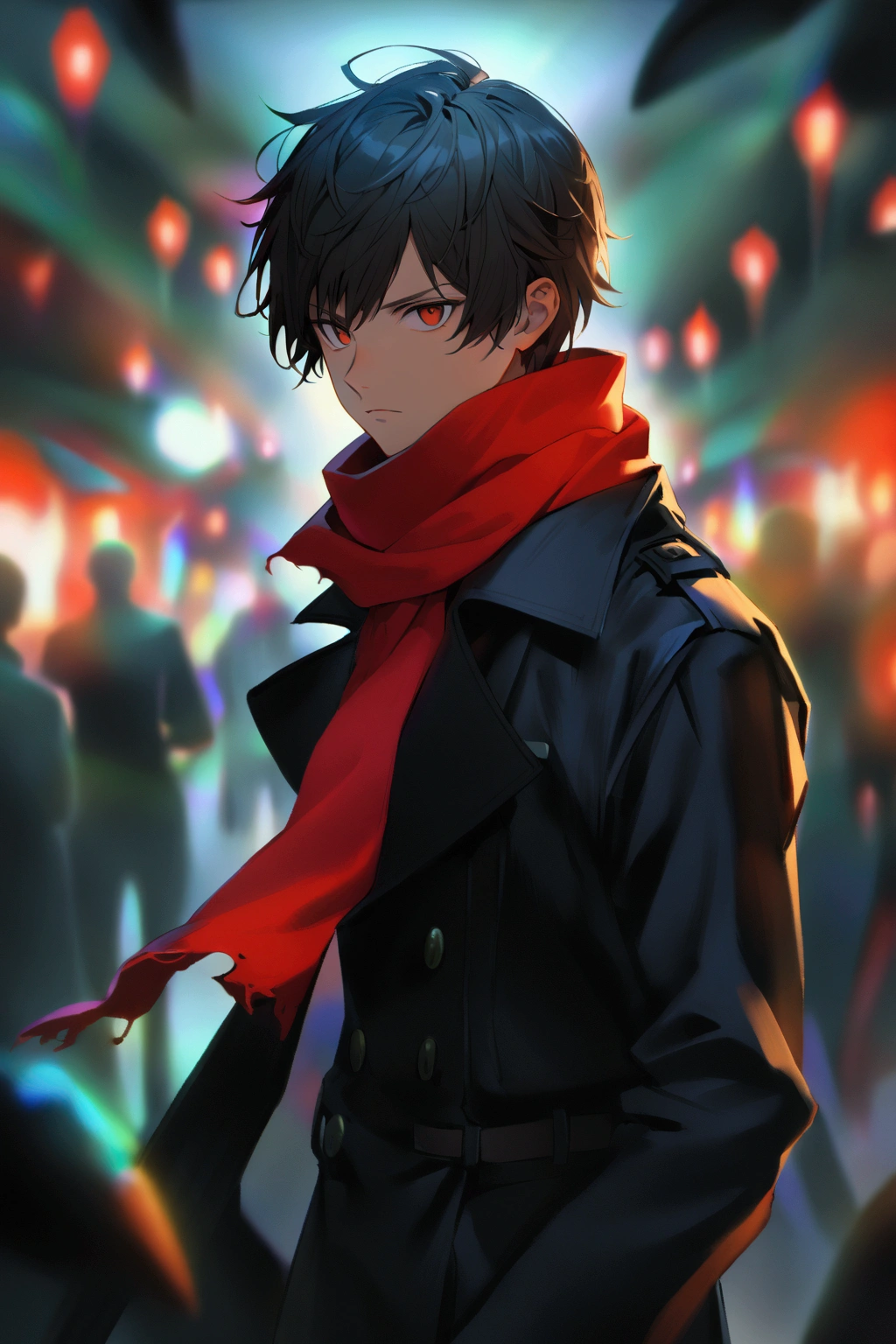  15-year-old boy wearing a red scarf and worn and damaged black trench coat, A serious look,  dark brown pants with steel claws as a weapon,  it is surrounded by enemies on a black background , It is illuminated around .